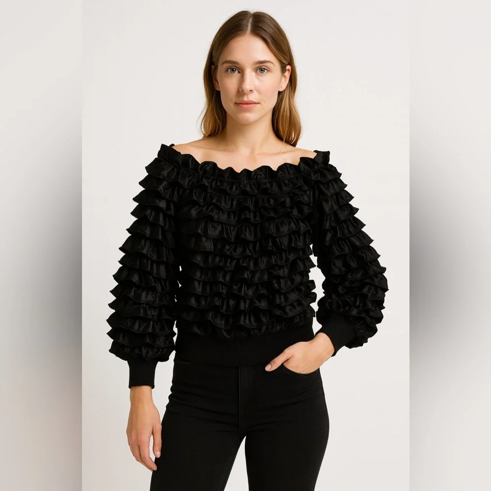 Vintage NR1 by Ned Gould Black Ruffle Satin‎ Blouse Top Size 6
